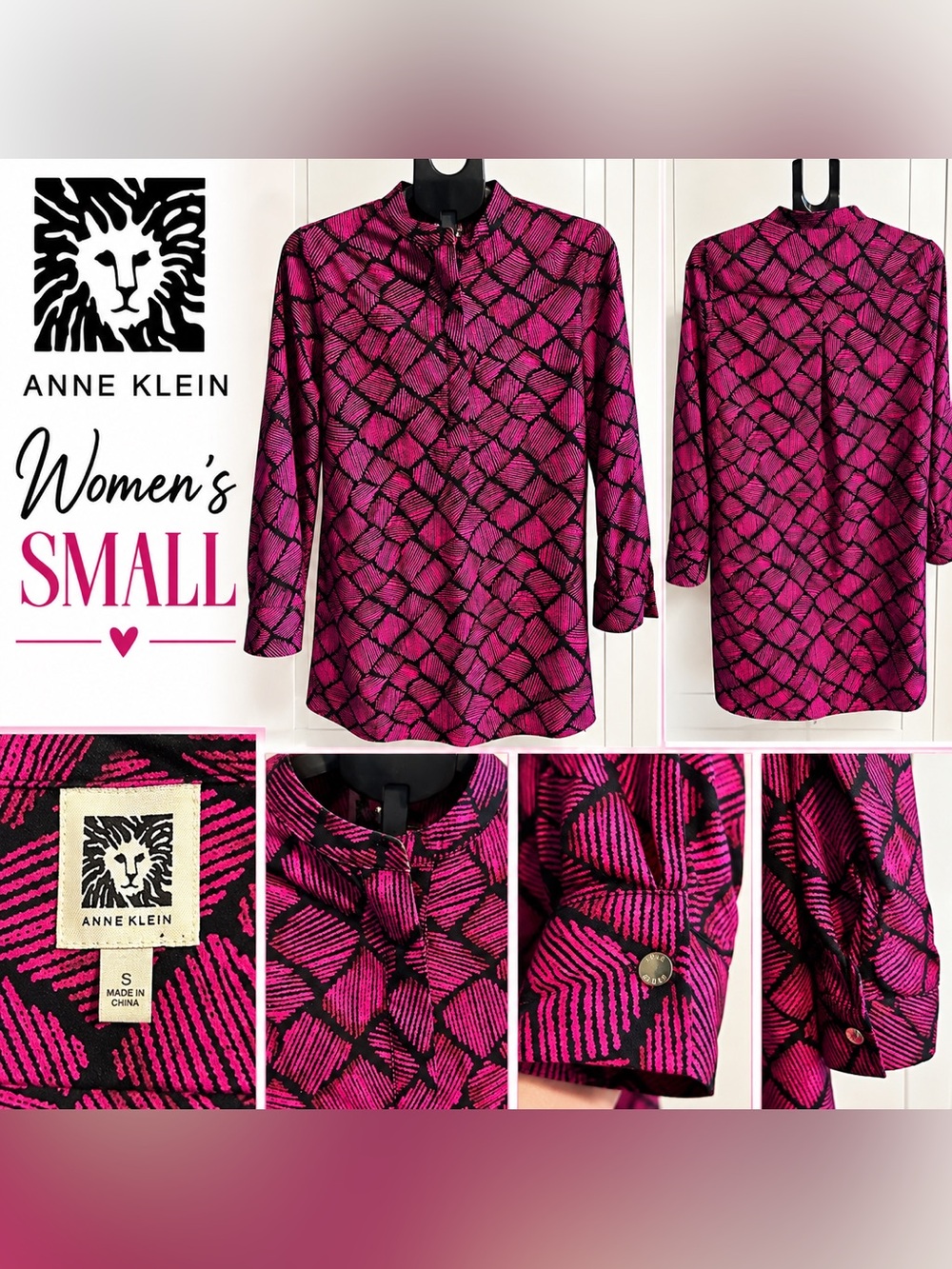 Anne Klein Banded Collar Geometric Popover Tunic Top - Pink & Black, Size Small